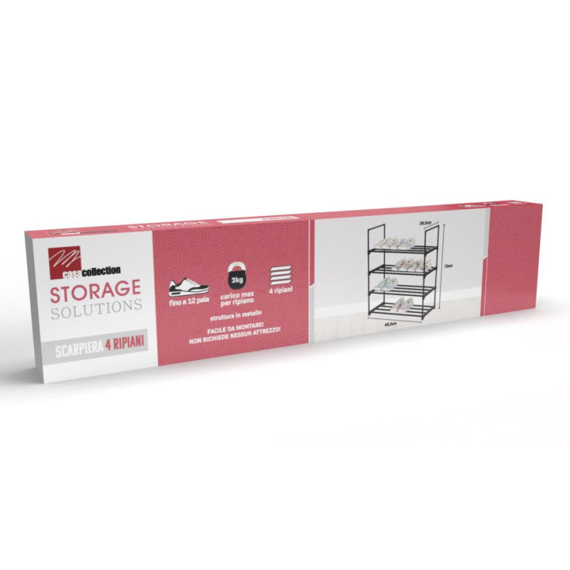 Scarpiera Scaffale 4 Ripiani In Metallo Nero 65,5x29,5x72 Cm