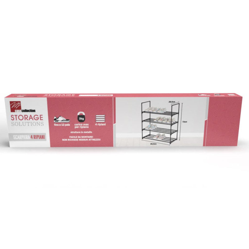 Scarpiera Scaffale 4 Ripiani In Metallo Nero 65,5x29,5x72 Cm