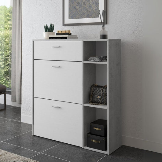 Scarpiera Takimi cemento e bianco 2 ante a ribalta e cassetto 90x26x101,5H