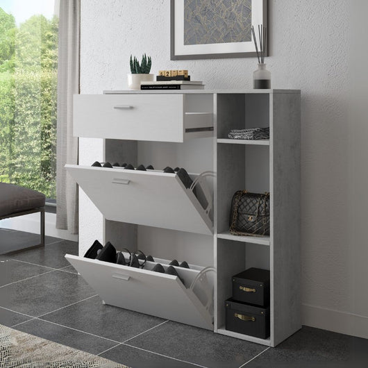 Scarpiera Takimi cemento e bianco 2 ante a ribalta e cassetto 90x26x101,5H