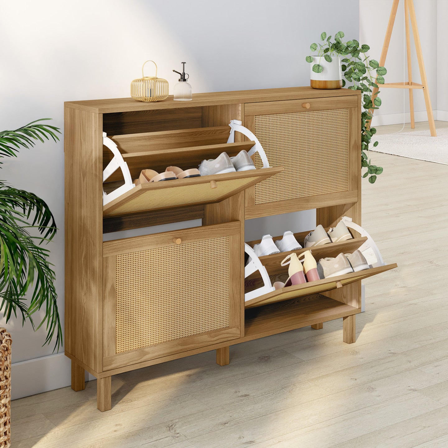 IDMarket - Scarpiera vintage HANAE 20 paia, 4 ante, effetto canna naturale