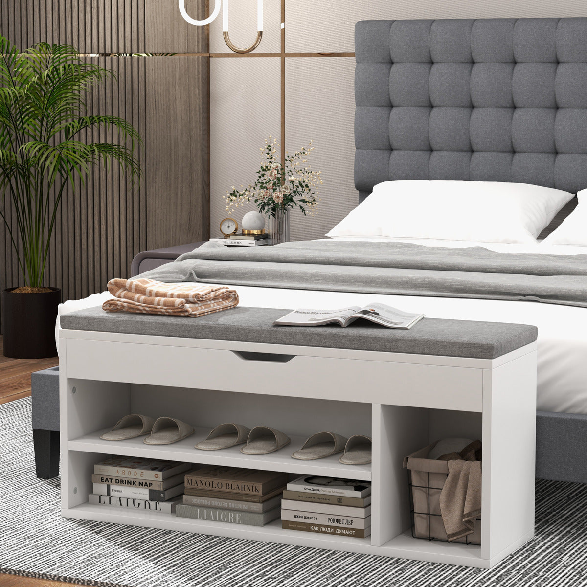 Scarpiera in legno con cuscino morbido e cassetto due ripiani-Scaffale per scarpe per casa 104x30x48cm Grigio