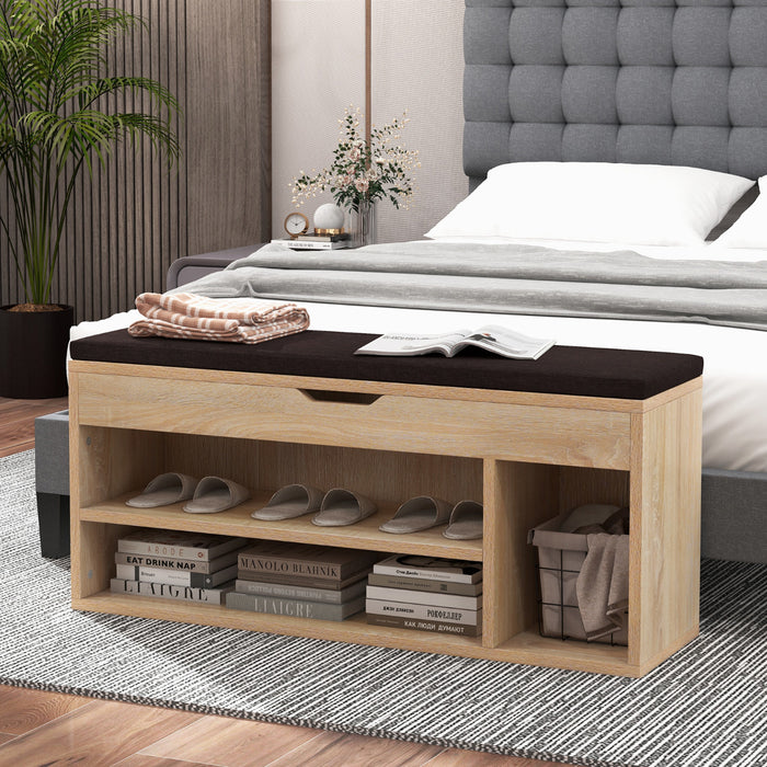 Scarpiera in legno con cuscino morbido e cassetto due ripiani-Scaffale per scarpe per casa 104x30x48cm Naturale