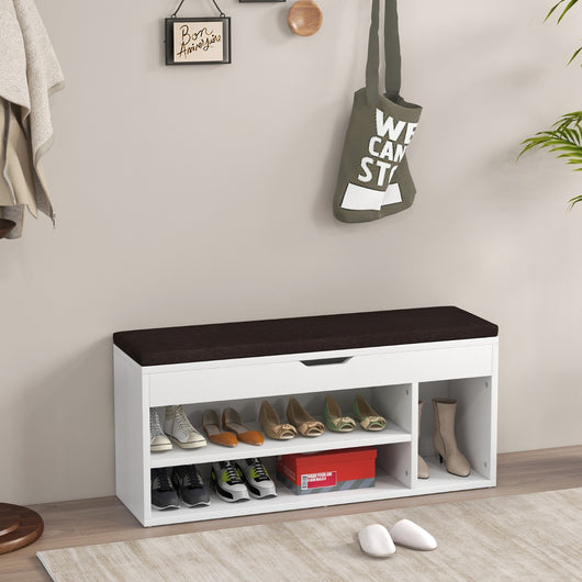 Scarpiera in legno con cuscino morbido e cassetto due ripiani-Scaffale per scarpe per casa 104x30x48cm Bianco