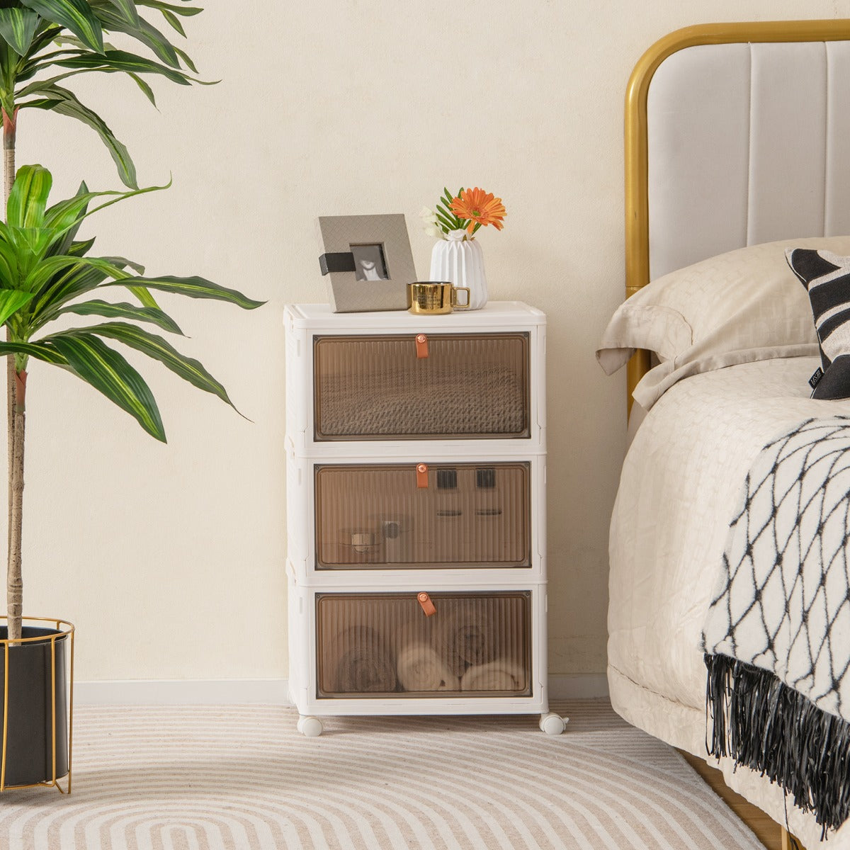 Scarpiera pieghevole a 3 piani con porte magnetiche ruote bloccabili, Mobile scarpe impilabile Bianco 40x27,5x64cm-Scarpiere