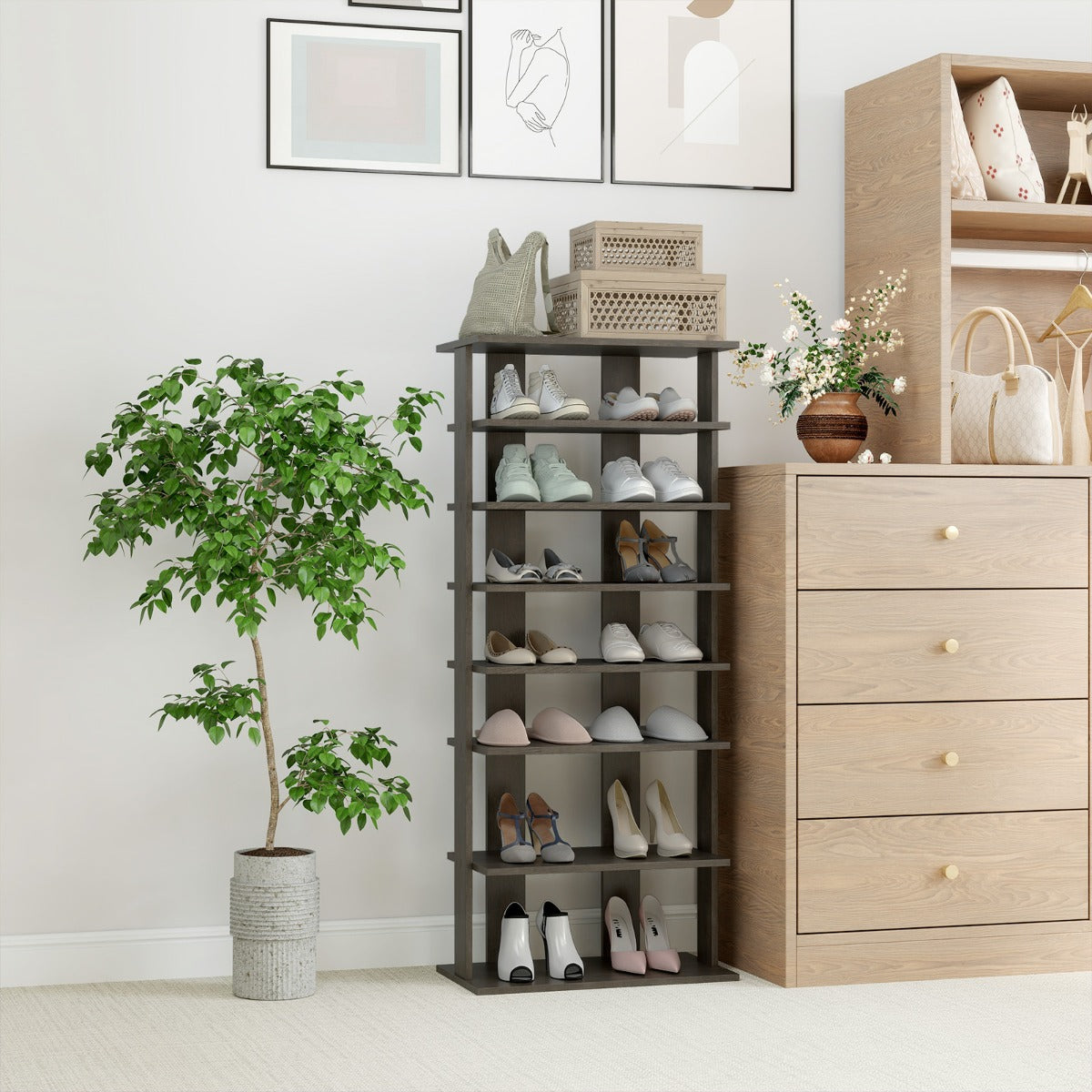 Scarpiera alta e stretta solida in legno per piccoli spazi domestici, Scarpiera verticale a 7 livelli da ingresso Grigio-Scarpiere