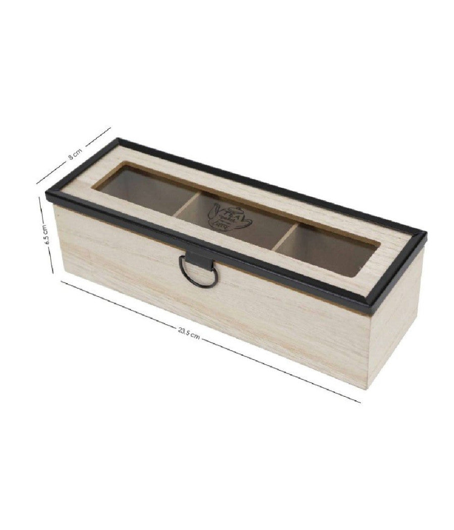 Scatola Contenitore In Legno Per Tè Con Bacheca 3 Posti Scomparti Vetrina 219600         