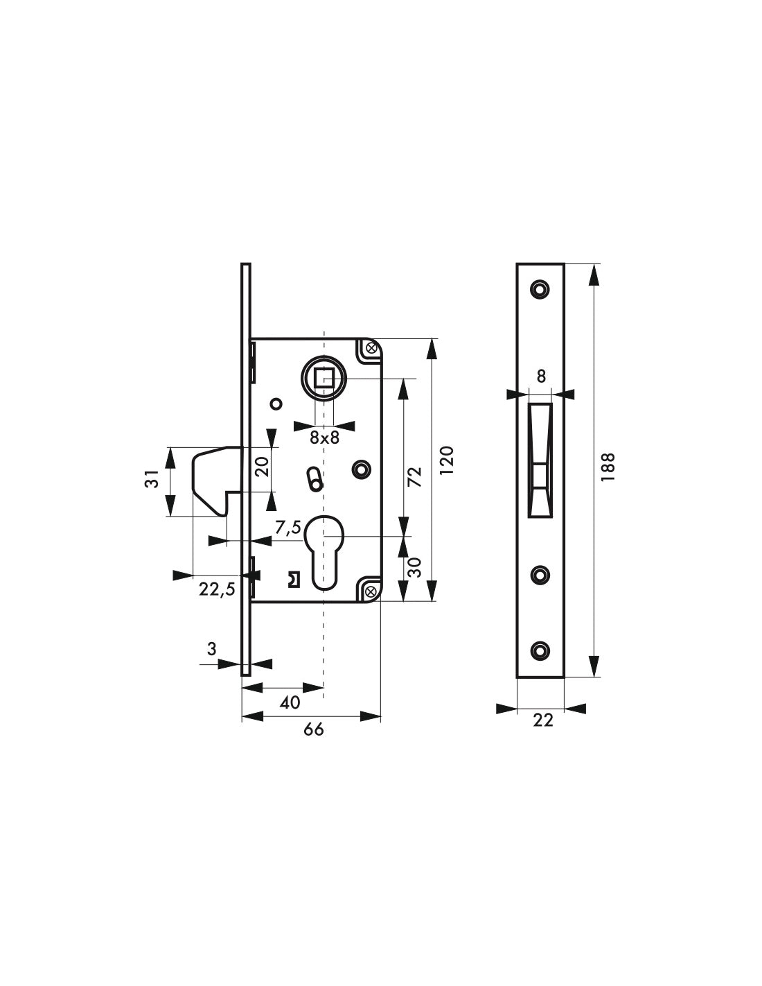 Serratura da incasso a cilindro europeo per portone scorrevole, asse 40mm, piastra quadra, zincato - THIRARD