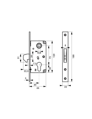 Serratura da incasso a cilindro europeo per portone scorrevole, asse 40mm, piastra quadra, zincato - THIRARD