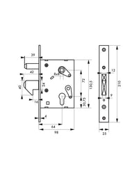 Serratura da incasso a cilindro per cancello scorrevole, asse 64mm, piastra quadra, zincato - THIRARD