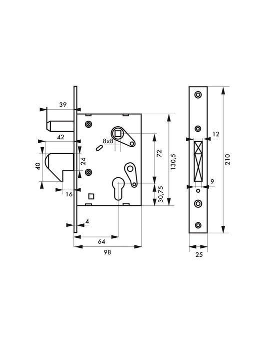 Serratura da incasso a cilindro per cancello scorrevole, asse 64mm, piastra quadra, zincato - THIRARD