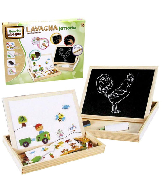 Scatola Lavagna In Legno 2 Lati Gessetti Pennarelli E Magneti Animali Fattoria         