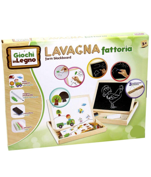 Scatola Lavagna In Legno 2 Lati Gessetti Pennarelli E Magneti Animali Fattoria         
