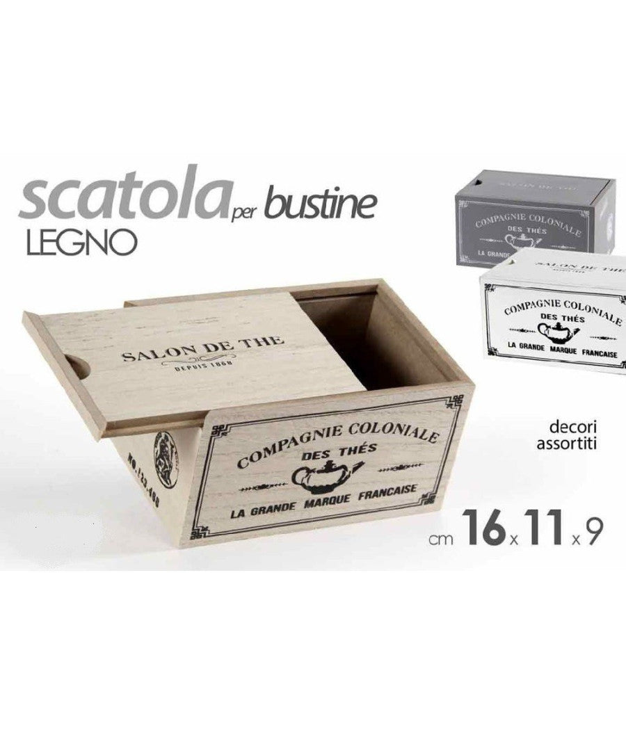 Scatola Porta Oggetti Bustine The Tè Cialde Caffè 16x11x9 Cm Legno Decori 738661         