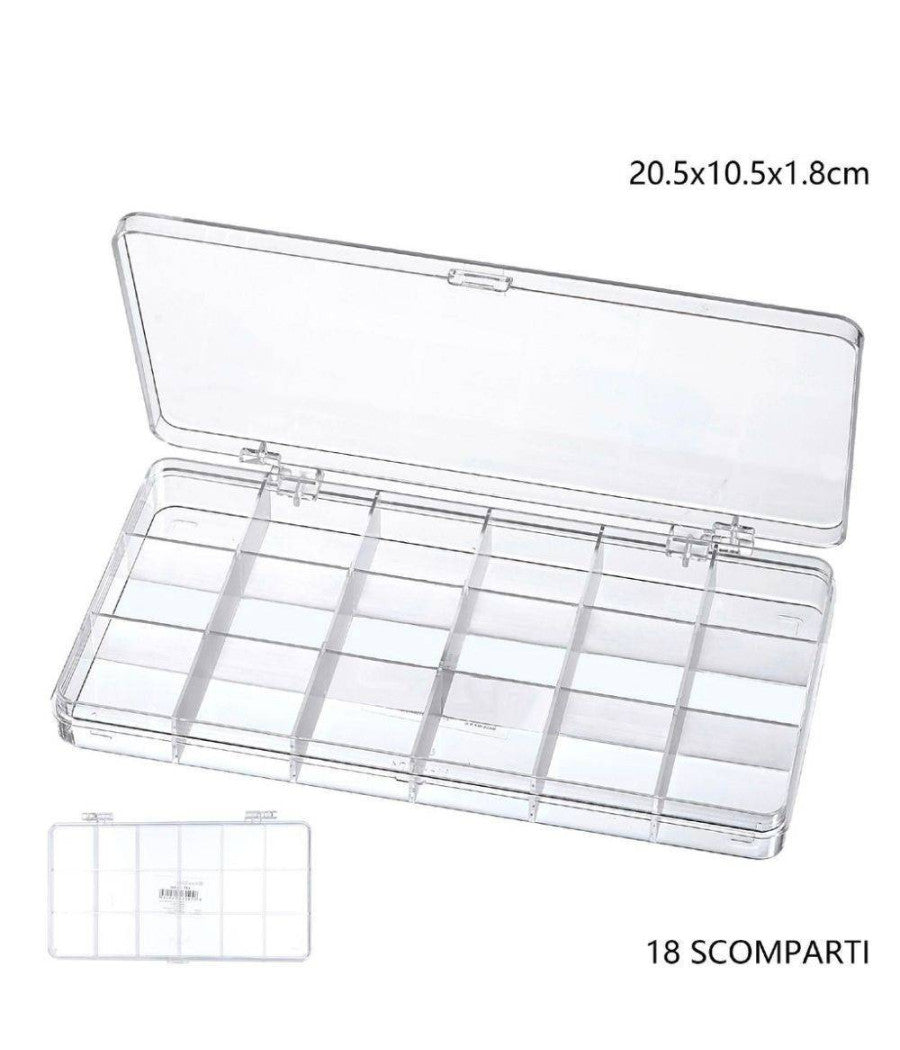 Scatola Portaoggetti 18 Scomparti Pratico Contenitore Misura 20.5x10.5x1.8 Cm         