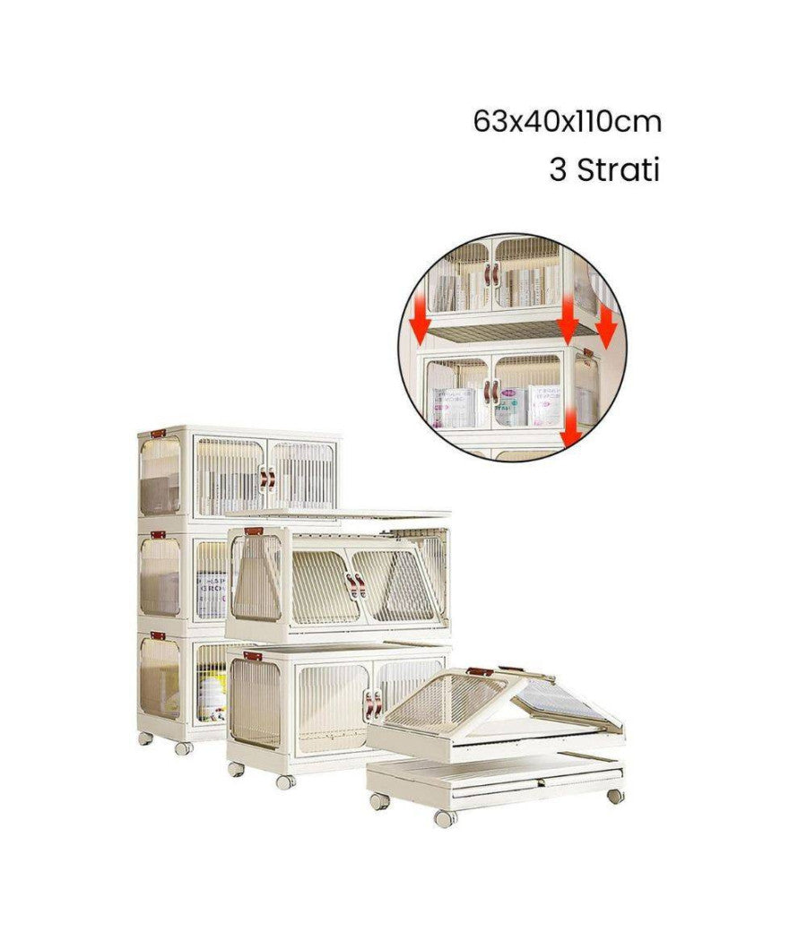 Scatola Portaoggetti Contenitori Salva Spazio Tre Strati Con Ruote E Coperchio         