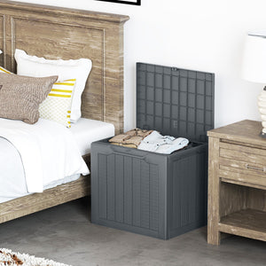 Contenitore per terrazza da 25 galloni con coperchio bloccabile e tessitura in vimini, Scatola di stoccaggio da esterno Grigio-Panchine
