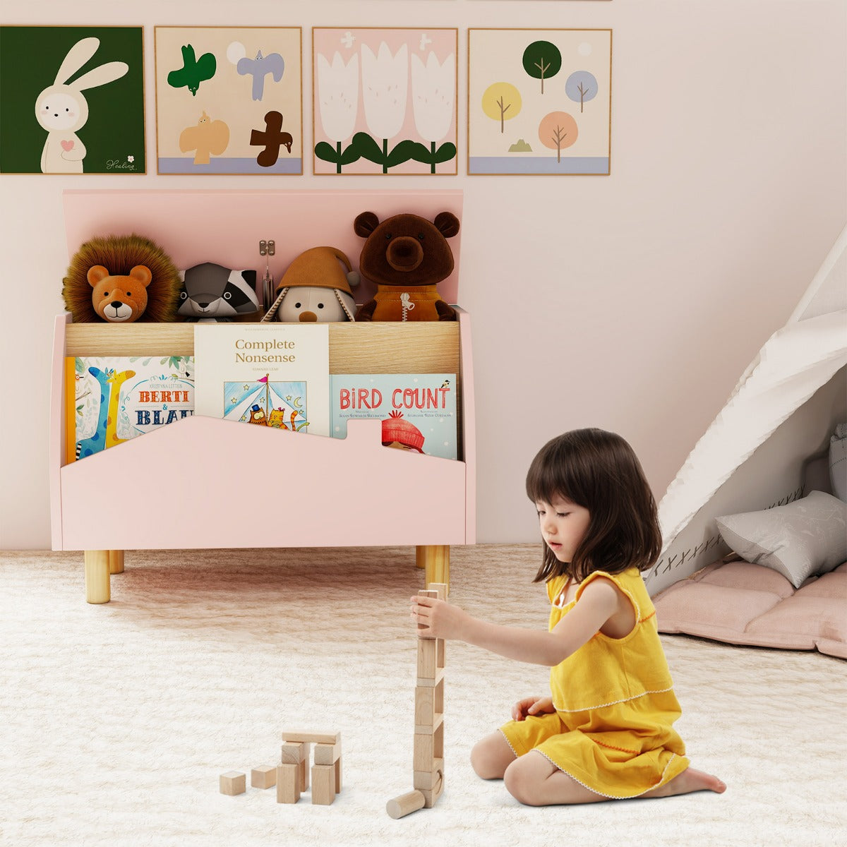 Scatola dei giocattoli in legno con ripiano espositivo, Libreria per bambini con cerniera di sicurezza Rosa-Scaffalature