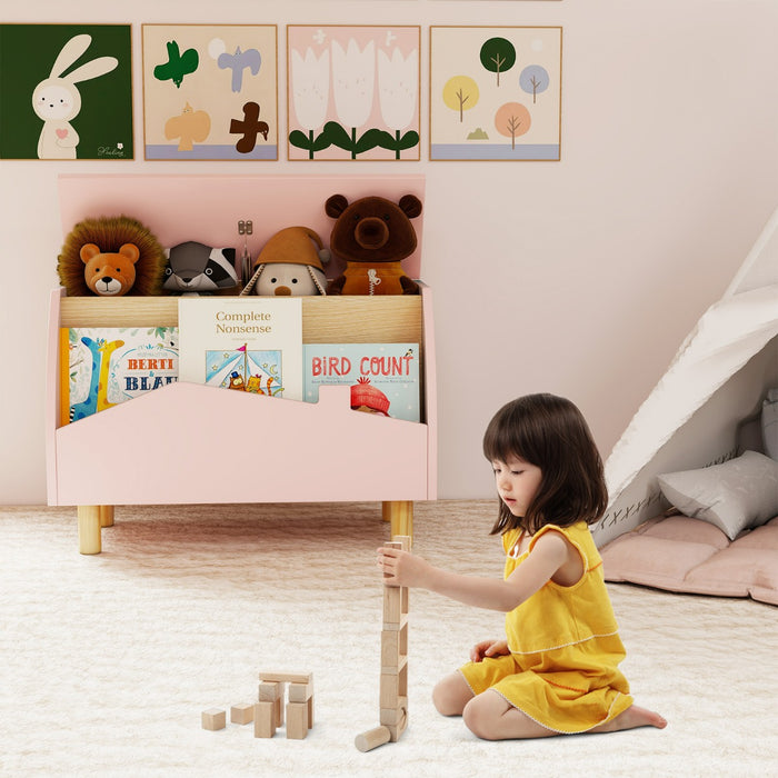 Scatola dei giocattoli in legno con ripiano espositivo, Libreria per bambini con cerniera di sicurezza Rosa-Scaffalature
