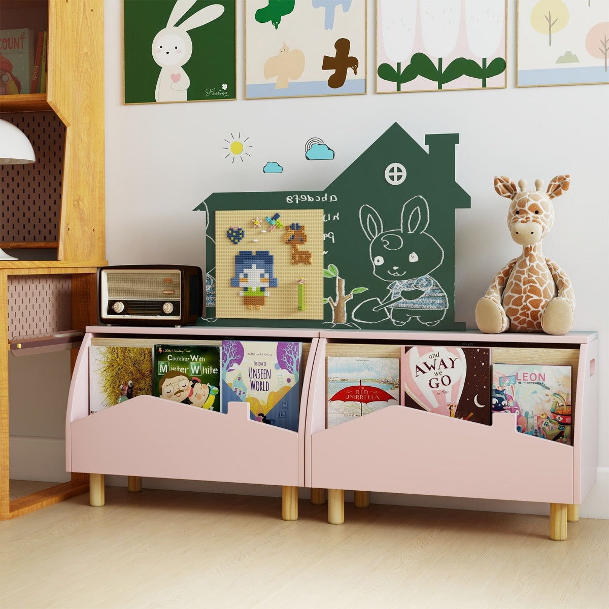 Scatola dei giocattoli in legno con ripiano espositivo, Libreria per bambini con cerniera di sicurezza Rosa-Scaffalature