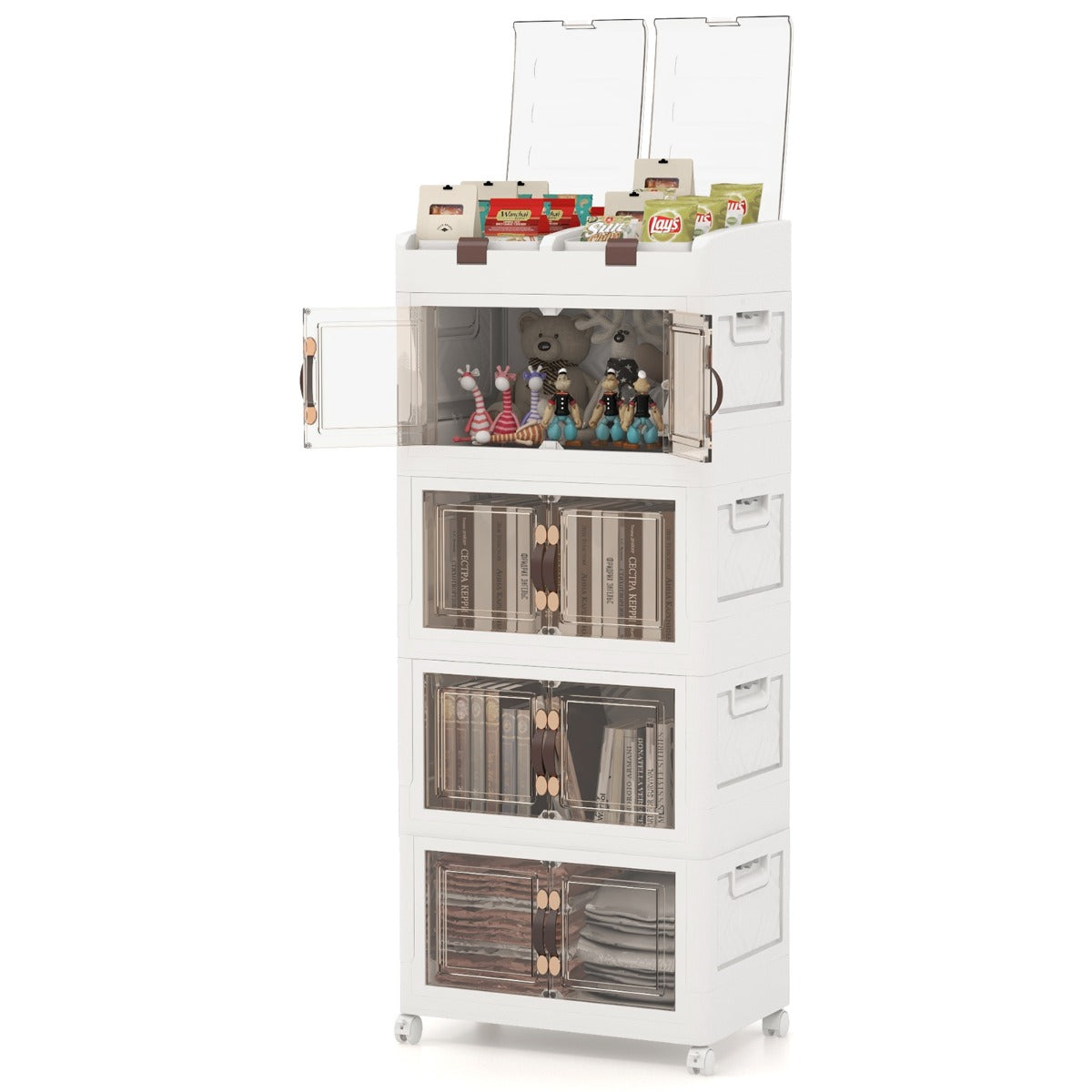 Scatole di stoccaggio pieghevoli con coperchio da 210L, Set da 4 contenitori di plastica impilabili con ruote Bianco-Cassettiere