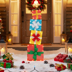 Set di 4 scatole natalizie illuminate con 4 fascette 2 picchetti a forma di L e luce bianca calda-Scatole regalo di natale a LED