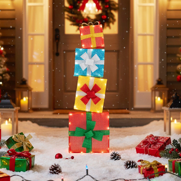 Set di 4 scatole natalizie illuminate con 4 fascette 2 picchetti a forma di L e luce bianca calda-Scatole regalo di natale a LED