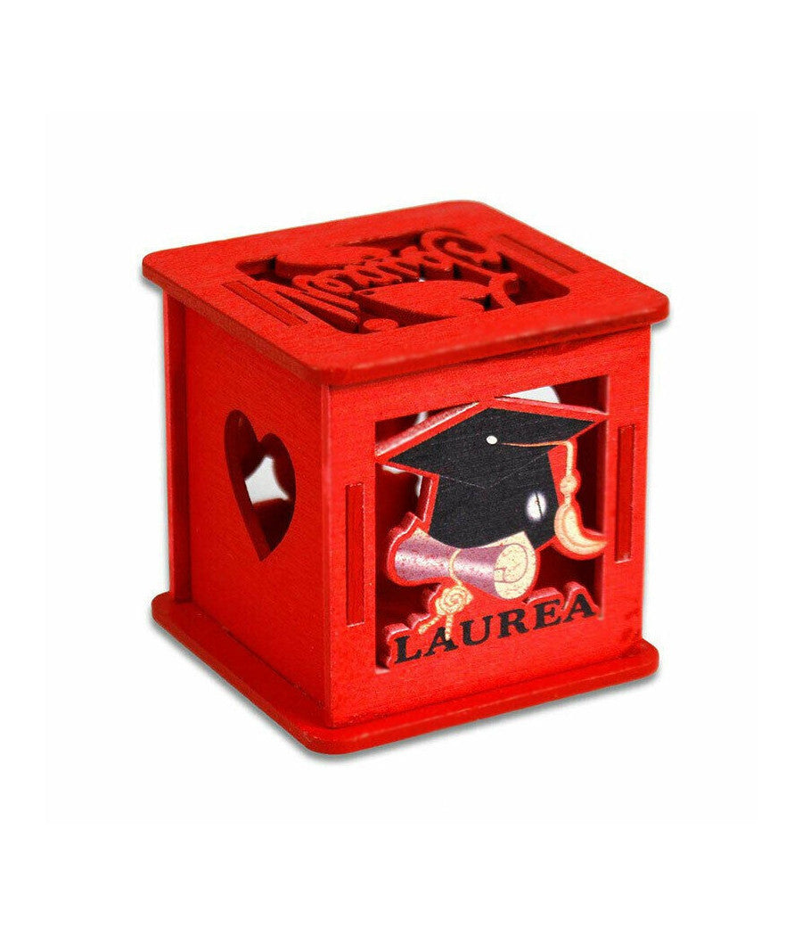 Scatolina Cubo In Legno Rosso Con Coperchio Porta Confetti Bomboniera Per Laurea         