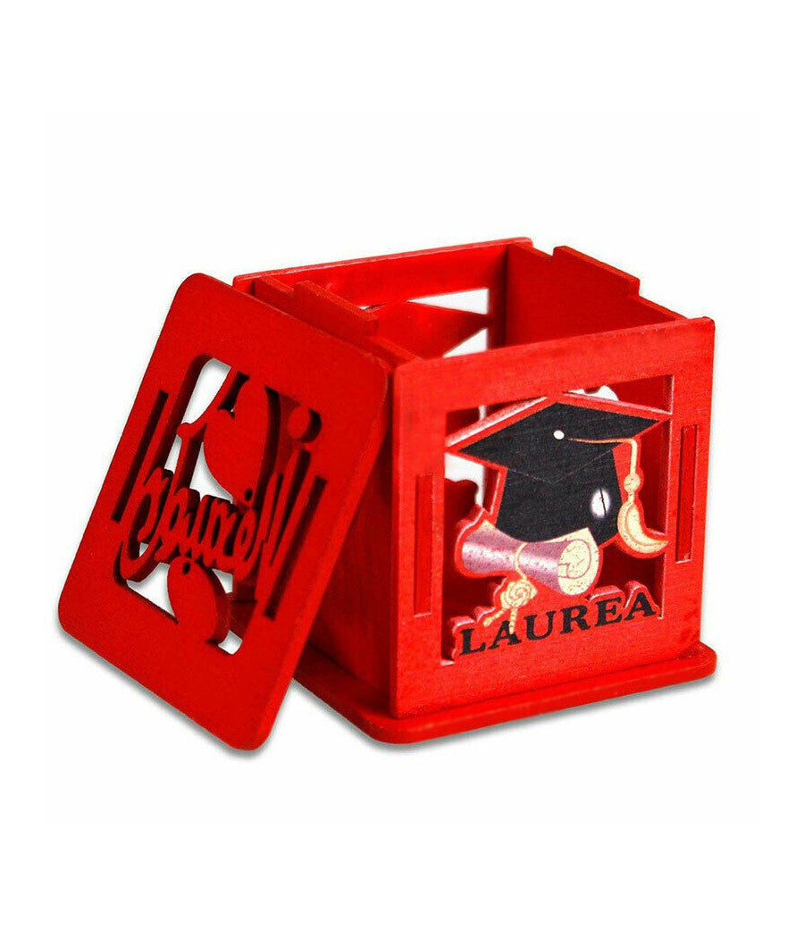 Scatolina Cubo In Legno Rosso Con Coperchio Porta Confetti Bomboniera Per Laurea         