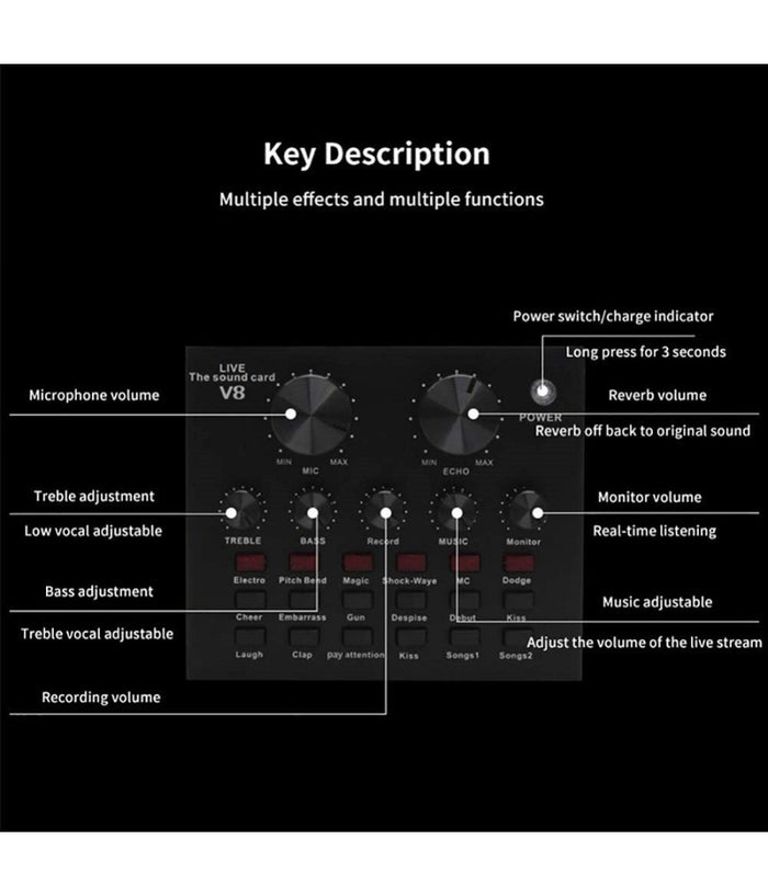 Scheda Audio V8 Cambia Voce Conversione Effetti Sonori Mixer Registrazione Usb         