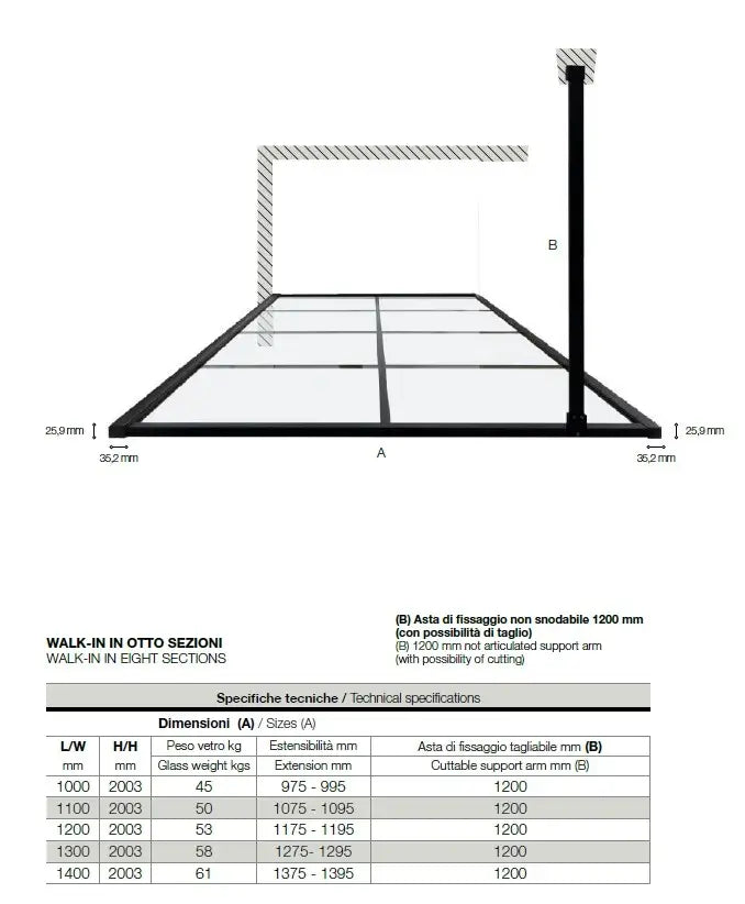 Parete Walk In H200 Anticalcare 8mm Trasparente Con Telaio A Finestra - 119.5 cm