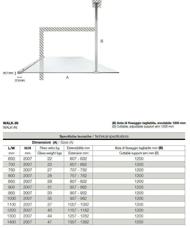 Parete Walk In Profili Neri H200 Anticalcare 6mm Trasparente - 65 cm