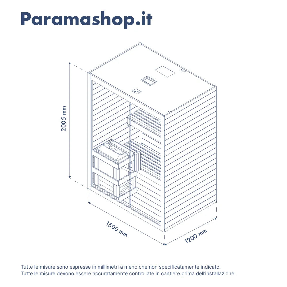 Sauna finlandese da interno 2-3 persone 150x120cm h200 in legno di abete | Nirva