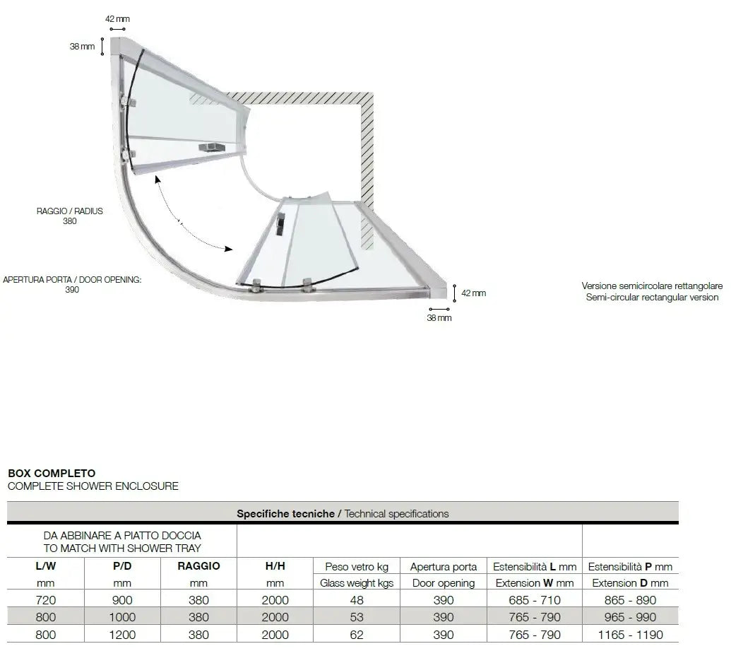 Box Doccia Semicircolare 6mm Scorrevole Anticalcare H200 FS40 - 72x90 - Raggio 38cm