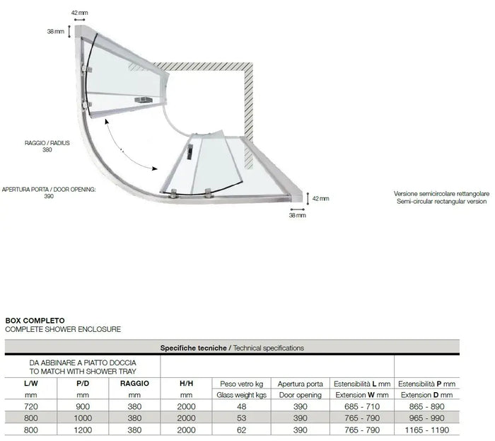Box Doccia Semicircolare 6mm Scorrevole Anticalcare H200 FS40 - 80x80 - Raggio 55cm