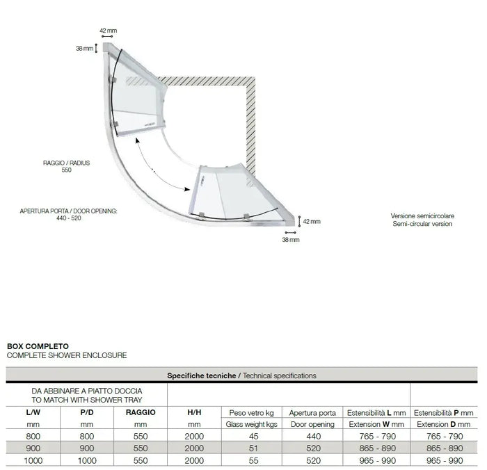 Box Doccia Semicircolare 6mm Scorrevole Anticalcare H200 FS40 - 72x90 - Raggio 38cm