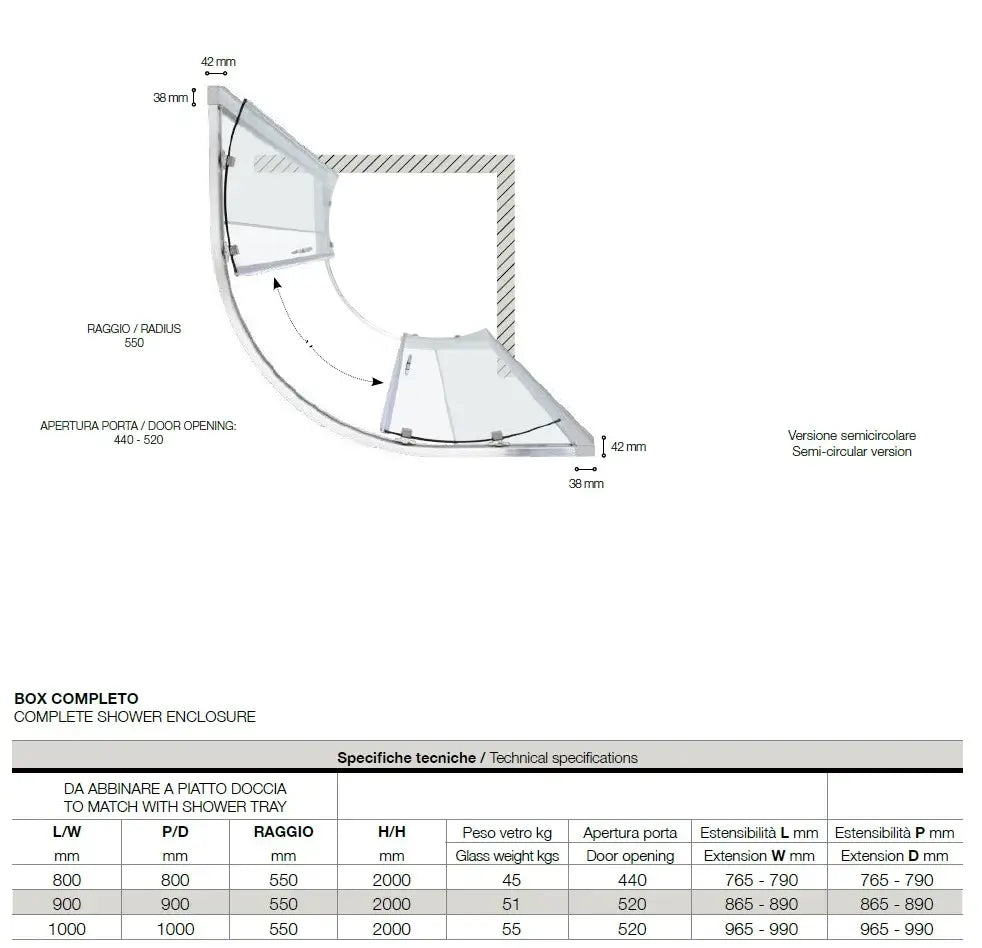 Box Doccia Semicircolare 6mm Scorrevole Anticalcare H200 FS40 - 72x90 - Raggio 38cm