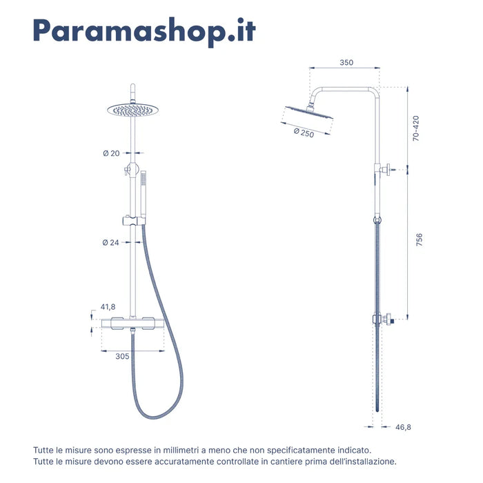 Colonna doccia cromata con doccino, flessibile e miscelatore termostatico con deviatore | Victoria