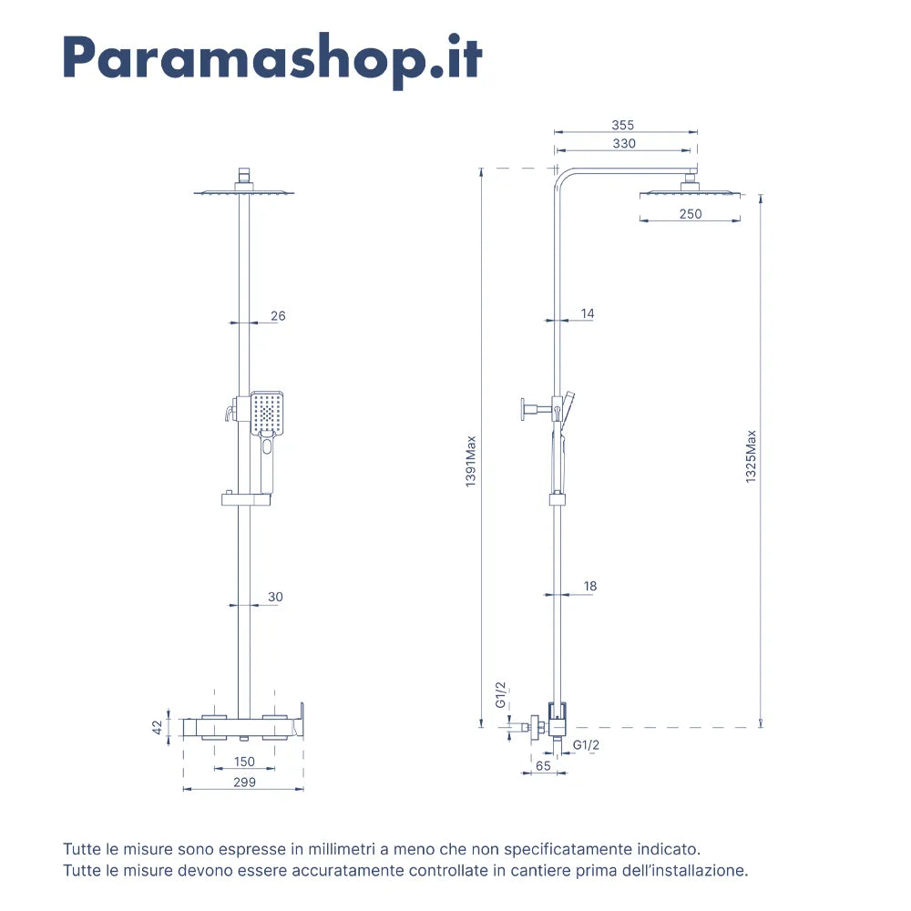 Colonna doccia squadrata cromata con miscelatore meccanico | Mosa