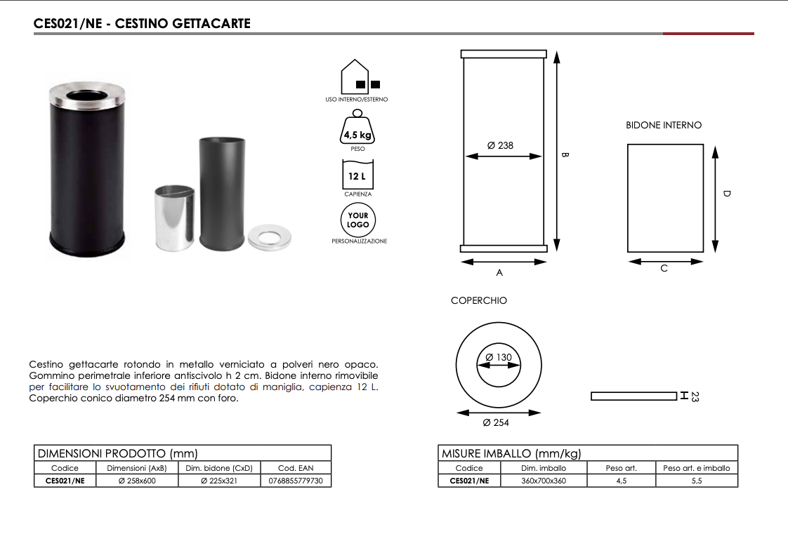 Cestino gettacarte per esterni Aperto