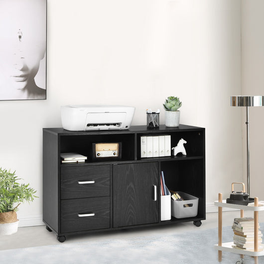 Schedario mobile con 5 ruote girevoli e 2 cassetti-Mobile con 3 mensole aperte e per casa e ufficio Nero