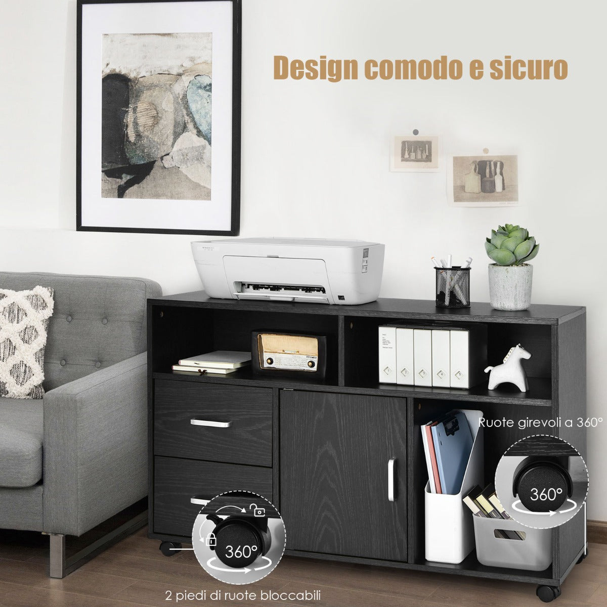 Schedario mobile con 5 ruote girevoli e 2 cassetti-Mobile con 3 mensole aperte e per casa e ufficio Nero