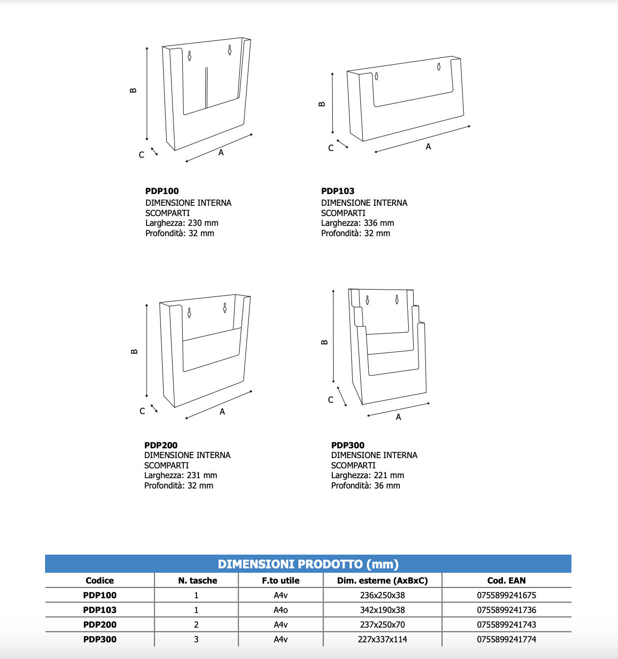 Portadepliant da parete 1 tasca A4 orizzontale