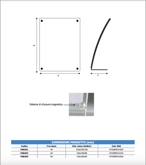 Porta avvisi da banco magnetico in Plexi profilo curvo Monofacciale Verticale A4