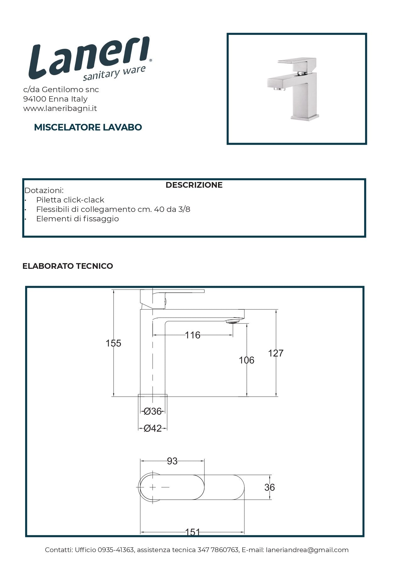 Set Rubinetteria Per Bagno da design squadrata moderna con piletta click clack inclusa -  LAVABO MISCELATORE 
