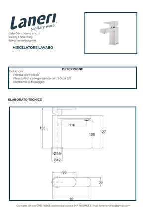 Set Rubinetteria Per Bagno da design squadrata moderna con piletta click clack inclusa -  LAVABO MISCELATORE 