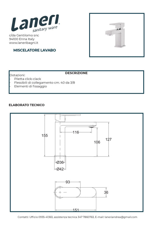Set Rubinetteria Per Bagno da design squadrata moderna con piletta click clack inclusa -  LAVABO MISCELATORE 