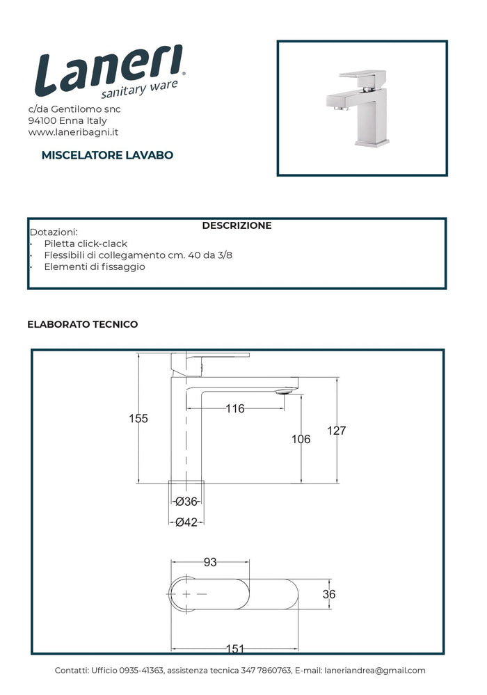 Set Rubinetteria Per Bagno da design squadrata moderna con piletta click clack inclusa -  LAVABO MISCELATORE 