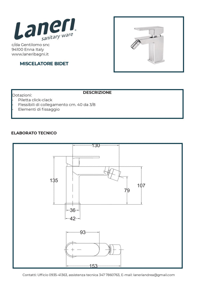 Set Rubinetteria Per Bagno da design squadrata moderna con piletta click clack inclusa -  BIDET MISCELATORE 