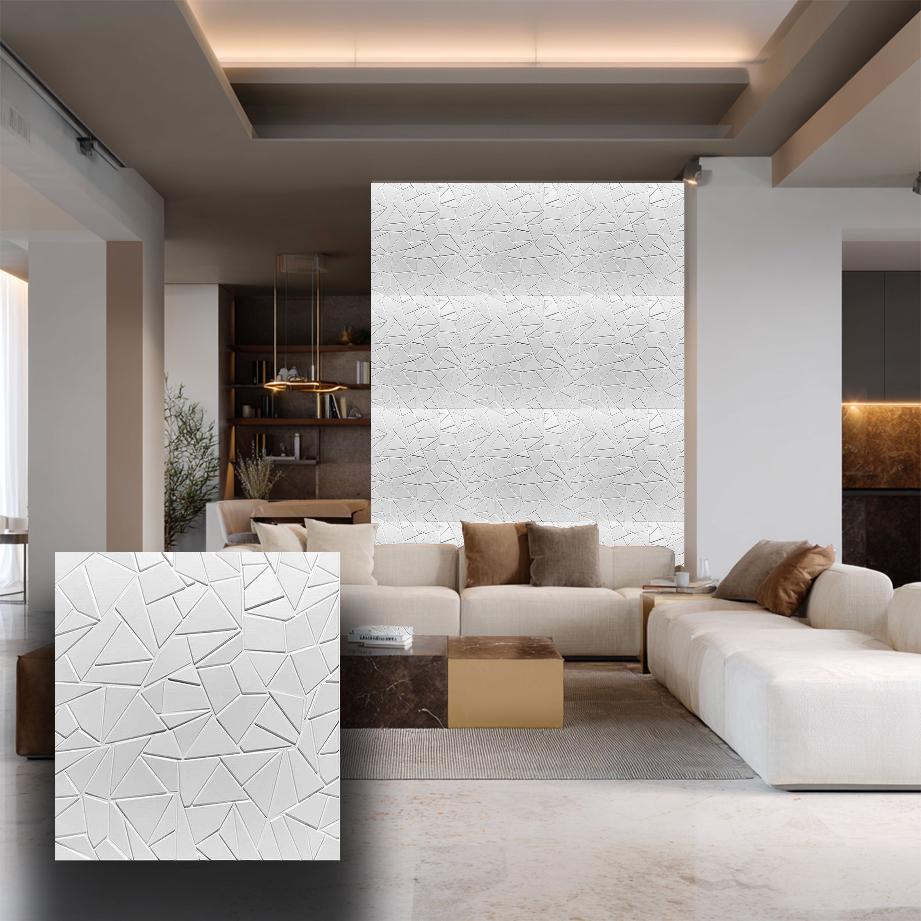 pannello per boiserie a parete, rivestimento cassonato a soffitto e porte in PVC 3D 50X50cm mod. SCHEGGE